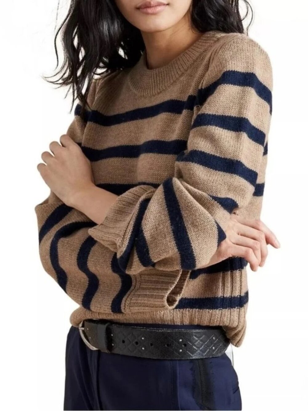 La Ligne "Jack" Camel & Navy Striped Crewneck Sweater, Size: Medium